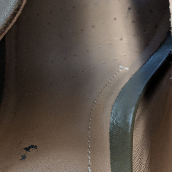 Clarks Okena chic peep toe leather mule stacked wood heel brown green 10M - Picture 13 of 14